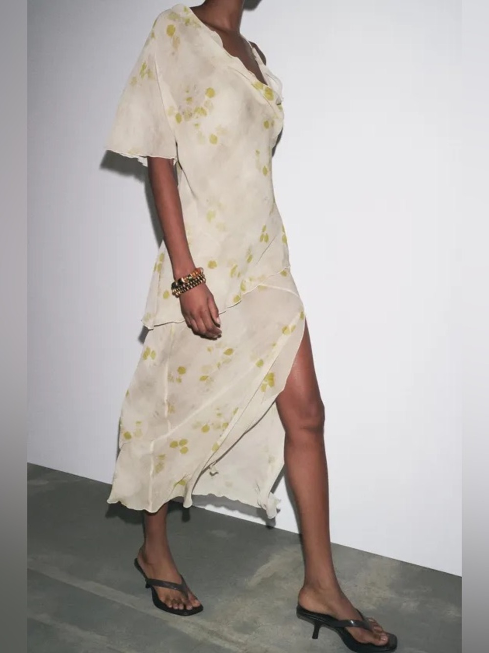 ZARA delicate floral print one-shoulder cape dress